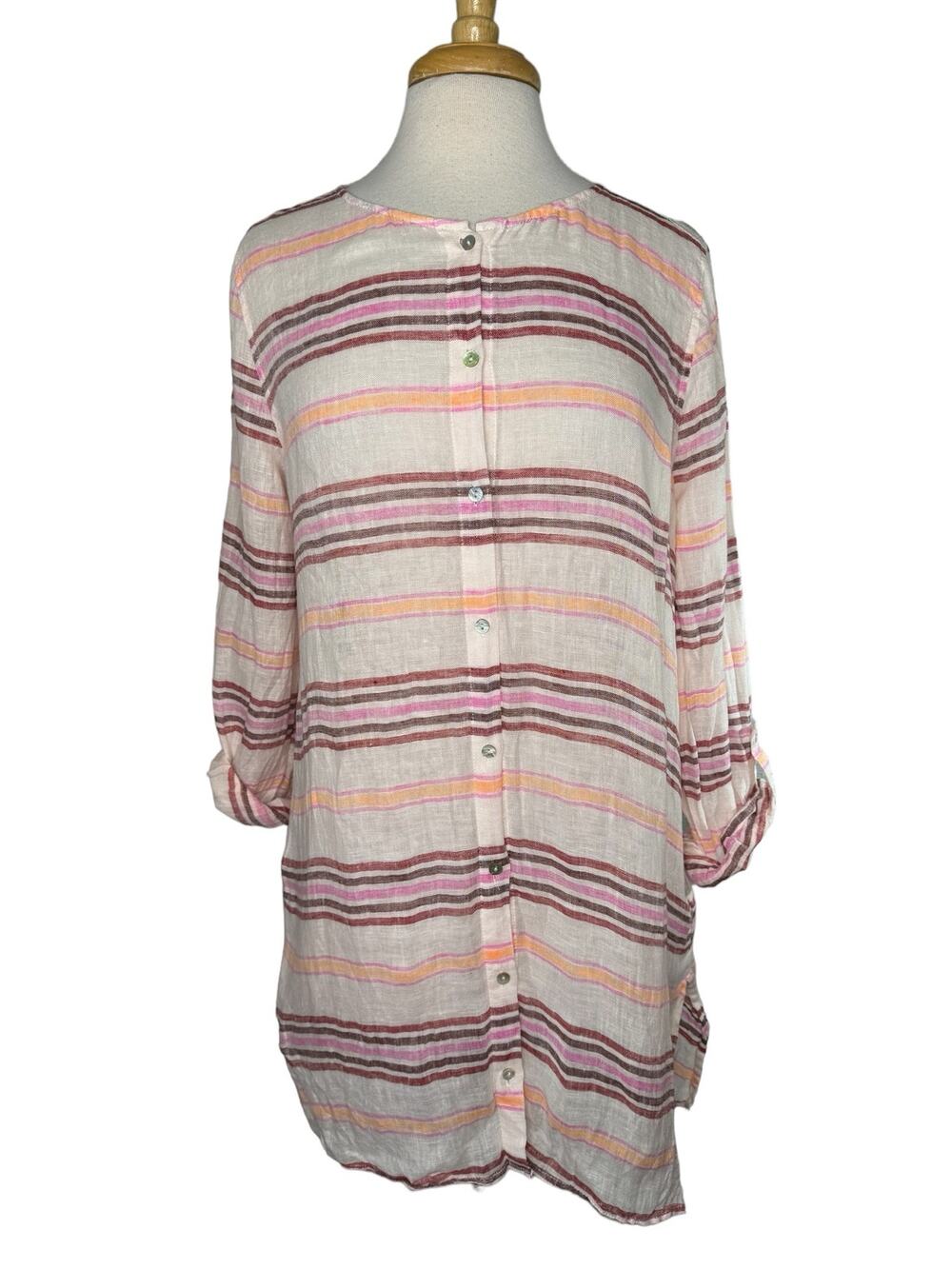 ST TROPEZ WEST 100% Linen Pink Stripe Tunic Blouse Size Large Womens